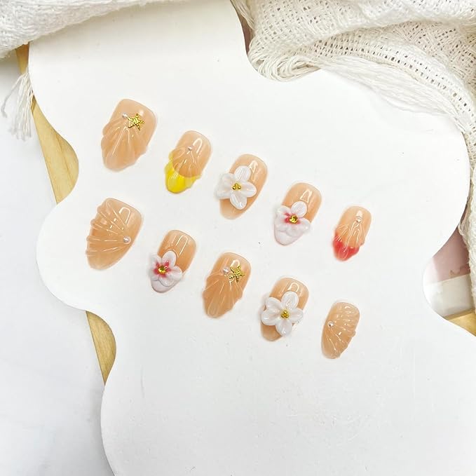 Handmade Press on Nails Rhinestones Press on Nails French Tip Short Almond Fake Nails with 3D Flower Fake Nails Full Cover Design False Nails Reusable Acrylic Nails for Women Art Manicure (Size M)