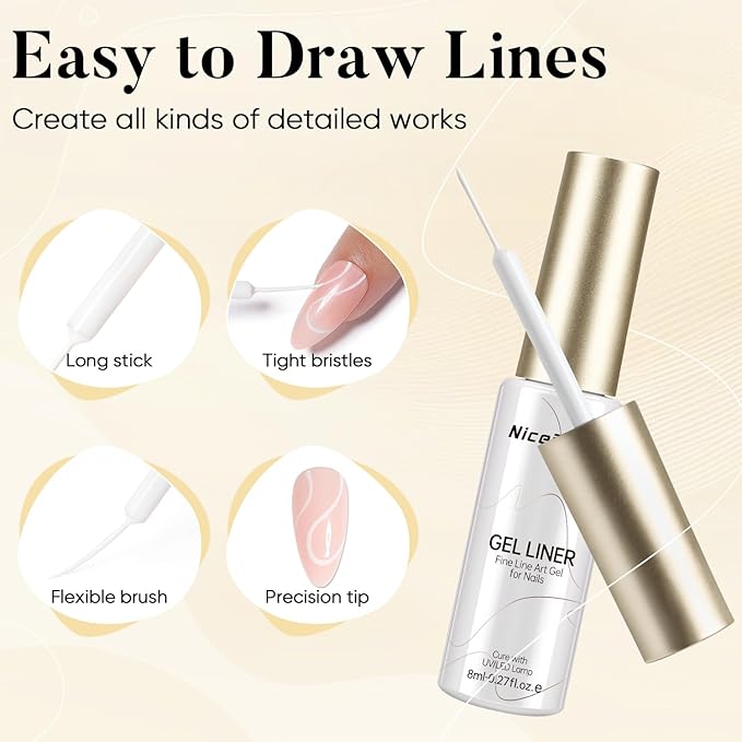 Nicedeco Gel Polish Nail Art Liner Gel, Hema Free, Cruelty Free, Vegan, White Nail Design with Thin Brush for French Manicure