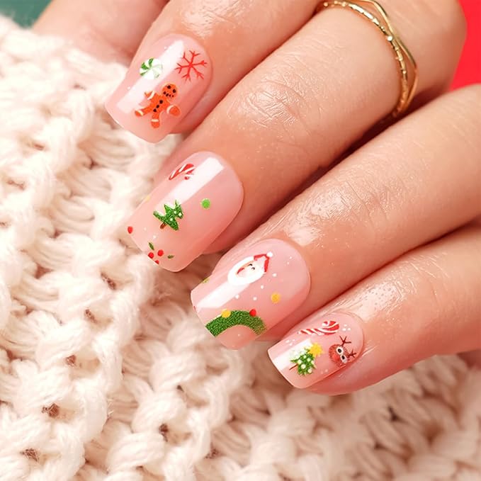 6 Packs (144 Pcs) Christmas Press on Nails Short Square Fake Nails Winter Xmas False Nails with Designs Snowflake Marple Leaves Glue on Nails Full Cover Glossy Acrylic Stick on Nail for Women Manicure