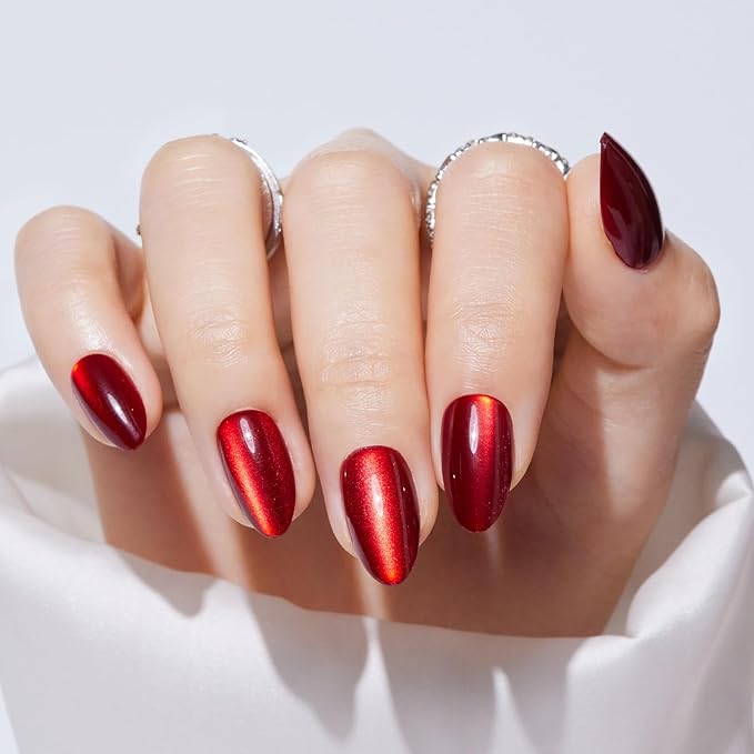 Press On Nails Almond - Findigit Cat Eye Press On Nails Short for Gifts, Cherry Red Stick On Nails with Glue, Glossy Natural Fit Nail Tips in 16 Sizes - 32 Soft