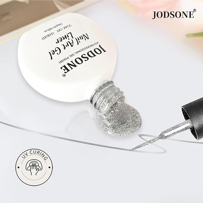 JODSONE Glitter Silver Swirl Nail Art Liner Gel Polish,10ml Classic Color 3D Nail Art Pens Effect Nail Print Design with Thin Brush for French Tips Manicure Painting DIY at Home - LX02