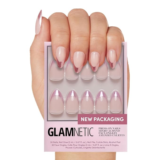 Glamnetic Press On Nails - Rock Candy Fake Nails | Trendy Short Almond Nails with Metallic Chrome Pink French Tips | 15 Sizes - 30 Nail Kit with Glue