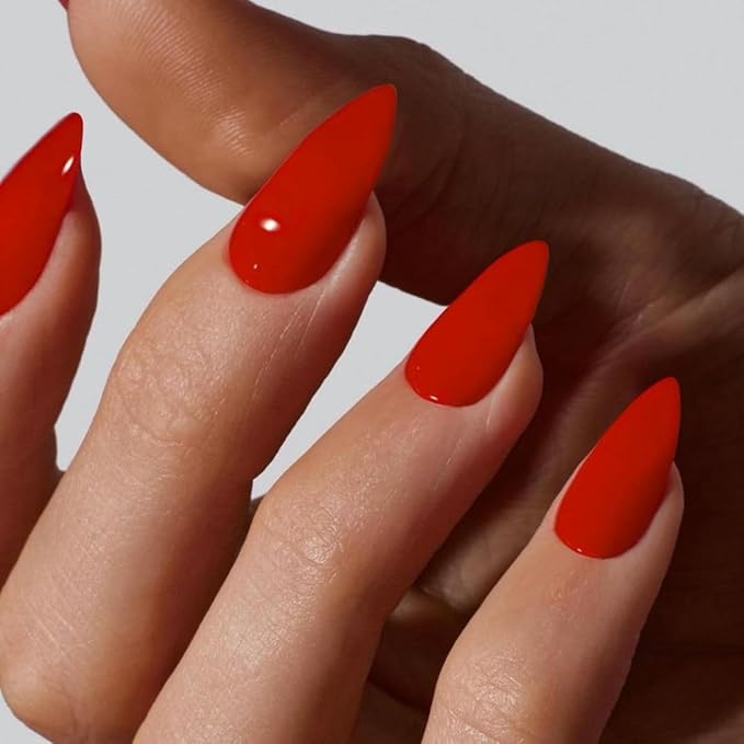 Red Press on Nails Almond Shaped 48Pcs Thick Fake Nails for Women, Medium Almond Nails Press on Reusable Acrylic Nails Glue on Medium Length Stiletto False Nails Gel Artificial Nails