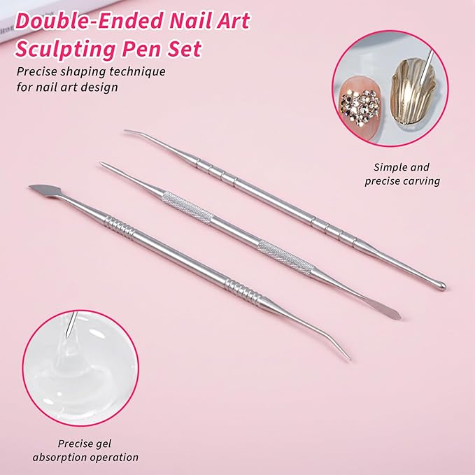 3Pcs Sculpting Nail Tools for Nail Art, Dual-Head 3D Gel Advanced Nails Art Sculpture Pen, Nails Dotting Tool Fingernail Polish Design for Salon Home DIY