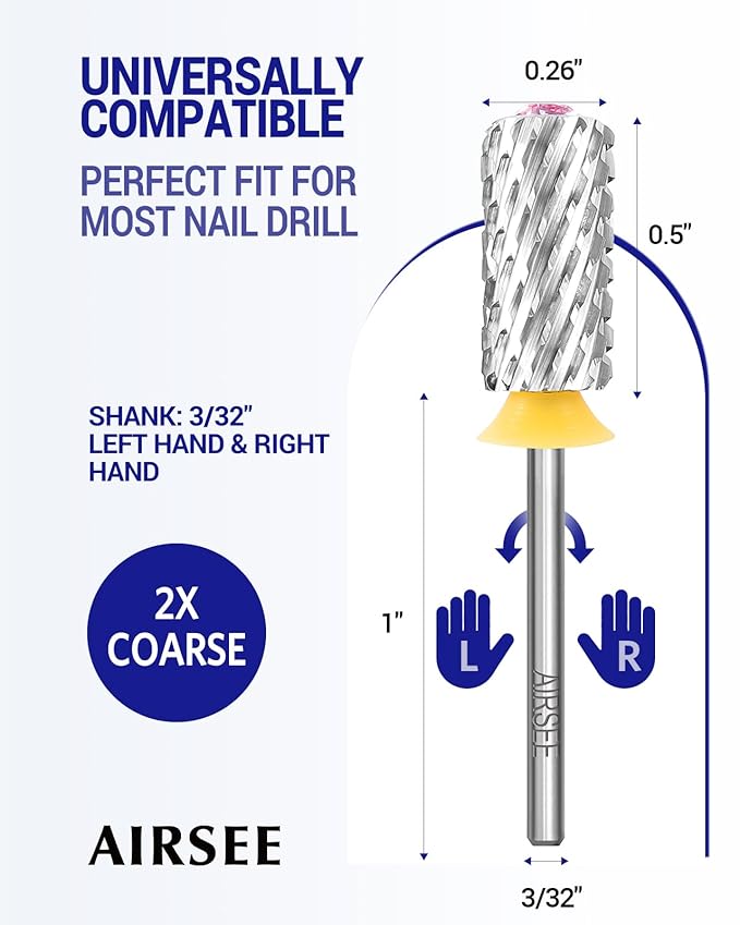 AIRSEE Tungsten Carbide Acrylic Nail Drill Bit Efile Electric File Machine Head Tip for Manicure Polishing Art Remove Gel 3/32" 2 Way Beginner Safety Pink Crystal Top Barrel 2X Coarse-2XC