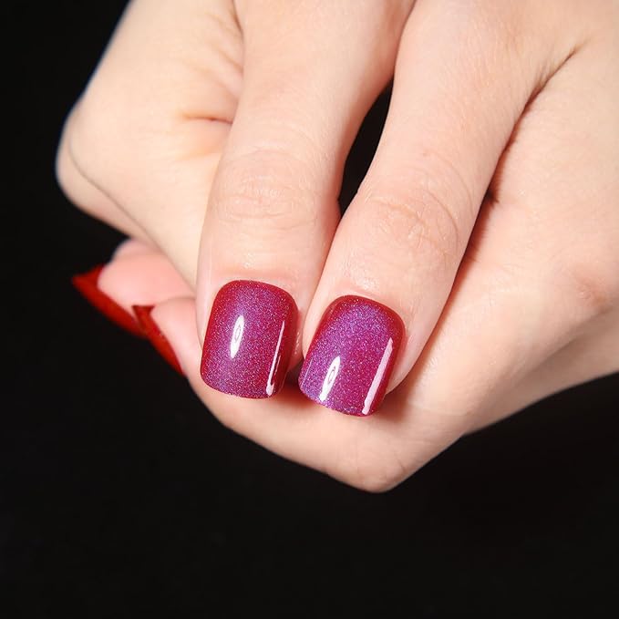 Press on Nails Short Square, Blue-Red Shift Cat Eye Press on Nails, Fashion Gel Fake Nails, Reusable Acrylic Fake Nails, Glossy Stick on Nails for Women Gift, Glue on Nails Kit, Twilight Rose