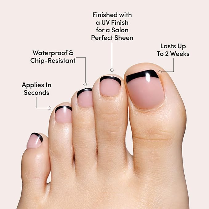 Glamnetic Press On Toenails - Caviar | Classic Black French Tip Fake Toe Nails with a Glossy Finish | 16 Sizes - 32 Toe Nail Kit with Glue