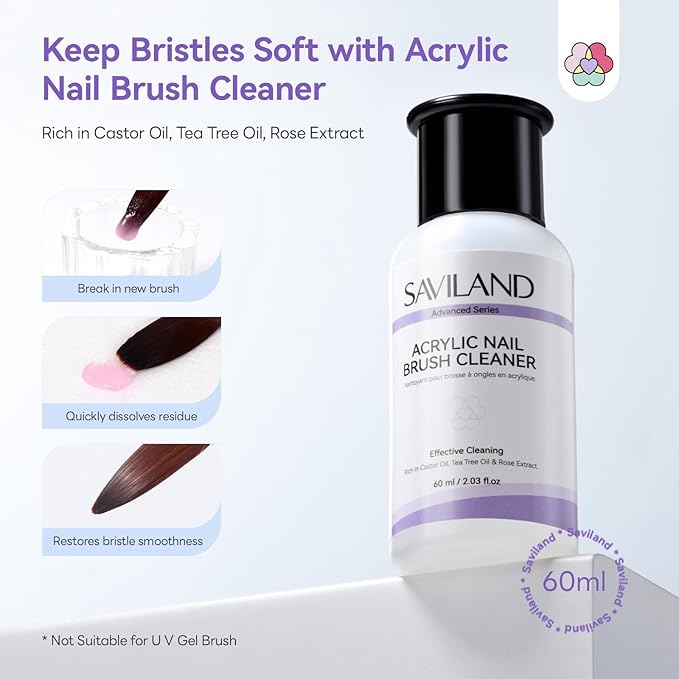 SAVILAND Acrylic Nail Brush with Cleaner: Size 8,10,14 Professional Acrylic Brushes Makeup Brushes Cleaner Conditioner Nail Brush Cleaner Tool & Dappen Dish for Acrylics Nails Home Salon DIY
