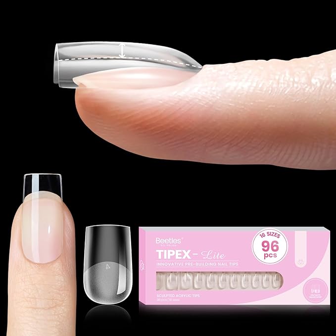 Beetles Tipex Lite Instant Apex Nail Tips, Short Square, 16 Sizes | 00–14, Built-in Apex Acrylic Tips for Flat & Natural Nail Beds, Beginner-Friendly Easy DIY Nail Extensions
