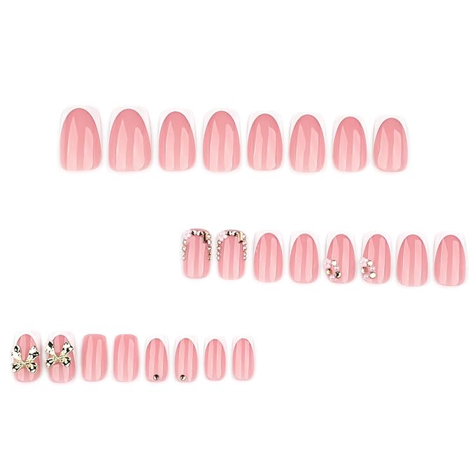 Short Press on Nails Square - White Fake Nails with Bow Design - Rhinestone, Shiny Full Cover Stick on False Nails for Women 24 Pcs