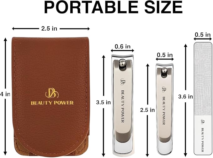 Nail Clippers Set 3 in 1 - Stainless Steel Toe Nail Clippers, Fingernail Clipper, Glass Nail File, Anti Splash, Ergonomic Grip in PU Leather Travel Case for Men & Women - Valentine's Gift