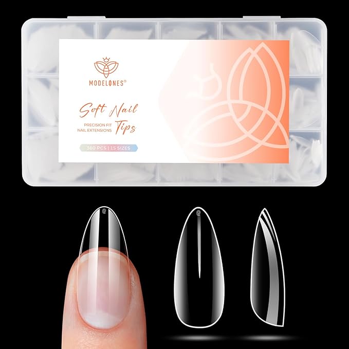modelones Medium Almond Gel Nail Tips, 360pcs Pre-shaped Clear Fake Nails Press On Full Cover 15 Sizes Acrylic Gel Tips for Extension Salon