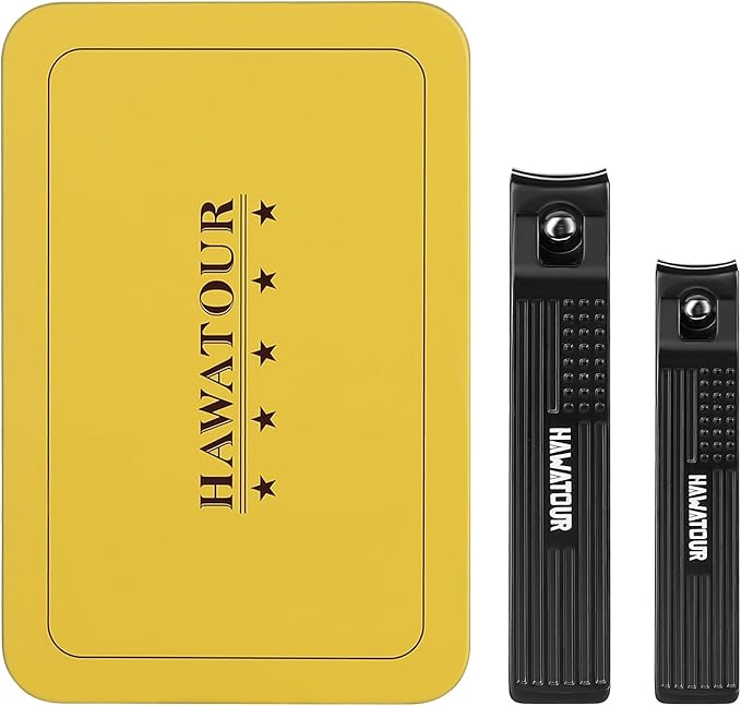 HAWATOUR Nail Clippers Set, Ultra Sharp Curved Blade Fingernail and Toenail Clipper Cutters with Visibly Tin Case, Squares and Stripes, Black