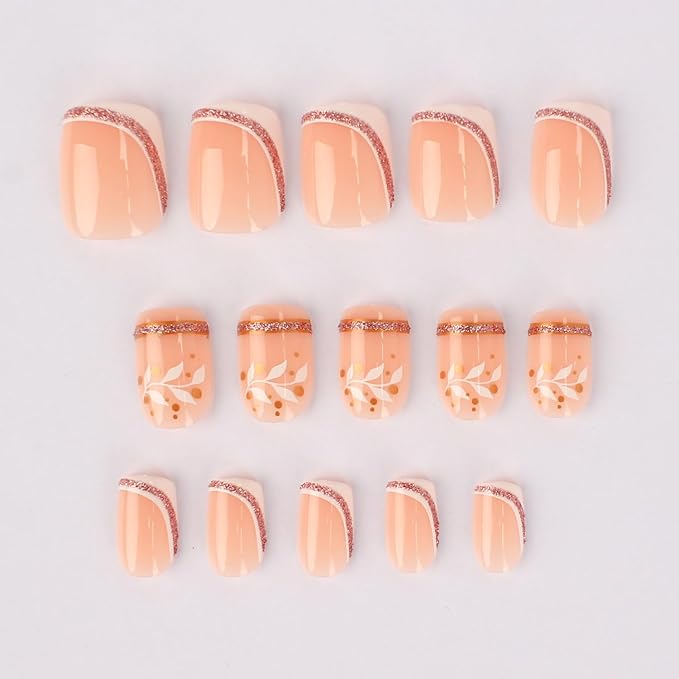 French Press On Nails Short Square, Nude Fake Nails with White French Tip and Elegant Purple & Gold Line Design, Glossy Gel Finish Acrylic Nails Kit for Women, Reusable Glue-On Nails Set, 24Pcs