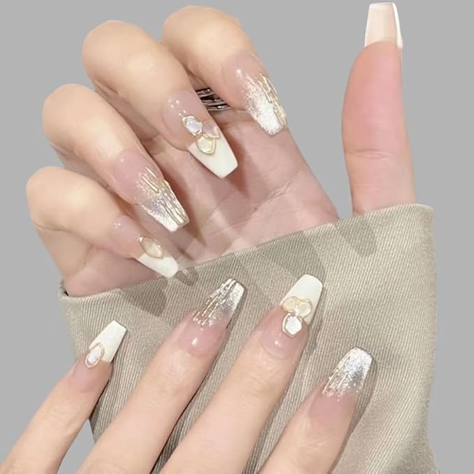 Handmade Press On Nails, Long Ballerina Shape, Pink and White Shell Design, 10 Pieces (Medium,LB)