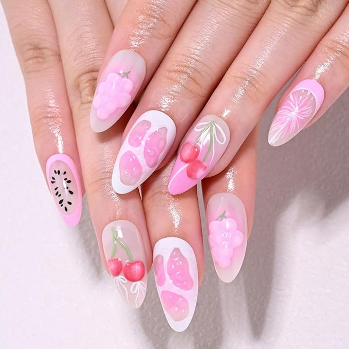 3D Press on Nails Medium Almond with Pink Strawberry Design, White Paw Print Fruite Nail Press ons Glossy Stick on Nails for Women Reusable with Kit, Stick on Cute Fake Nail with Designs Perfectly Fit