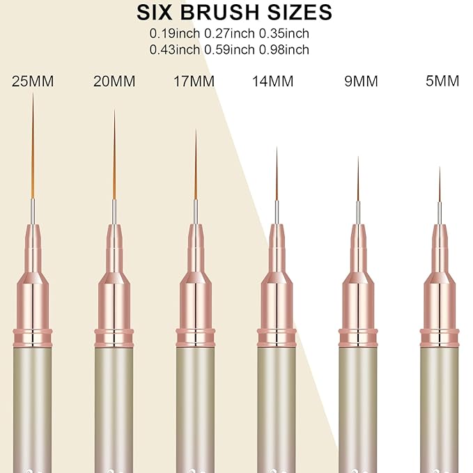 6Pcs Nail Art Liner Brushes, Striping Nail Art Brush for Gel Polish Painting, Thin Detail Brush Fine Drawing Art Design Pen Size 5/7/9/11/15/25mm