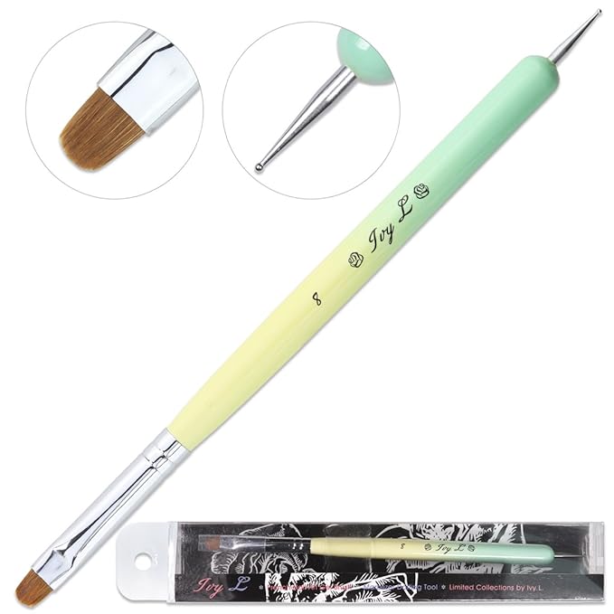 Ivy-L Premium 2 Ways French Gel Acrylic Nail Art Kolinsky Brush with Dotting Tool for Professional Manicure Nail Art Design Cuticle Clean-up + Lime Green Wood Handle (Size 8)