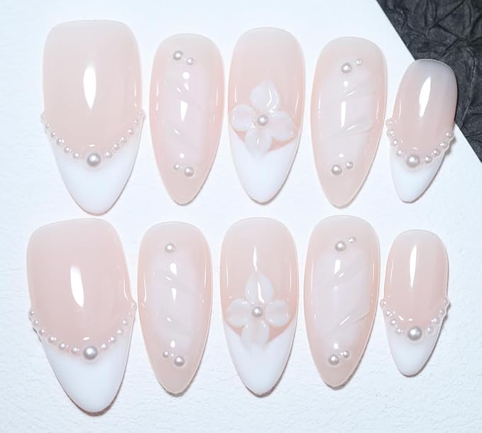 10 Medium Almond Handmade Press On Nails | Light Nude Pink French White Tip Fake Nails with Pearl, 3D Floral & Soft Swirl Accents | Skip Salon Trips, Easy to Apply & Remove, Reusable (251217, S)