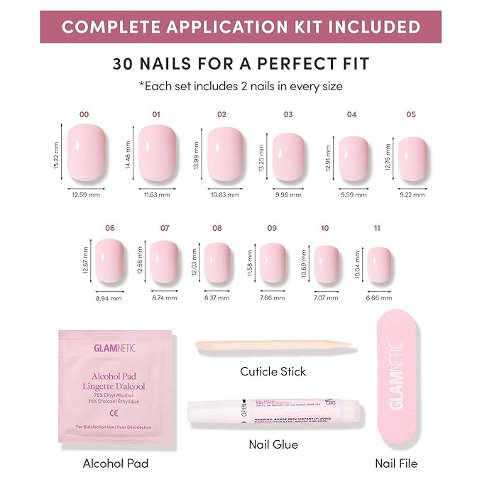Valentines Day Glamnetic Press On Nails - Sugar BB | Super Short Fake Nails in Classic Baby Pink Tone with a Glossy Finish, Salon Quality | 15 Sizes - 30 Nail Kit with Glue