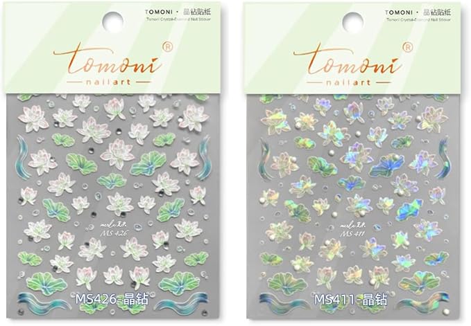 Summer Lotus Flower Leaves Nail Art Stickers Aurora Light Nail Decals Embossed Self Adhsive Sticker for Women Girls DIY Nails Manicure Salon (Lotus)