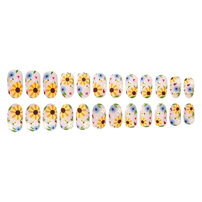 24Pcs Flower Fake Nails Short Almond Press on Nails Colorful Floral Nails Press Ons Summer Spring False Nails Matte Full Cover Glue on Nail DIY Acrylic Stick on Nail for Women Decorations Set