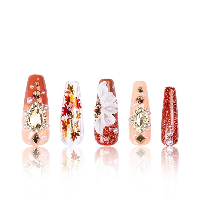 LOVFUL Press on Nails Golden Cascade | Handmade with Full Covered Crystals | Reusable Full Cover Nails | Coffin Classic Regular 1.3 in | H343-S