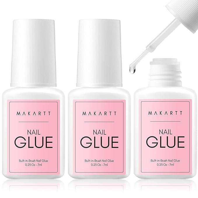 Makartt Super Strong Nail Glue for Acrylic Nails: 7ML 3 Pcs Brush on Nail Glue for Nail Tips Press On Nails Ultra Quick, No UV Lamp, Long-Lasting Hold for Nail Tips, Quick At-Home Manicure