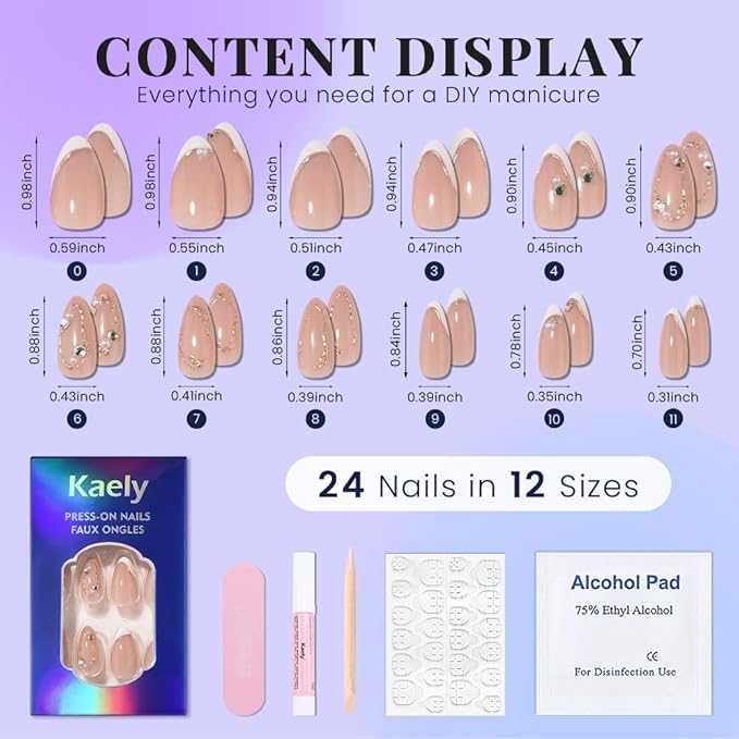 evpct Nude 3D Press on Nails Short Almond, White French Tip Nail Short Almond with Gold Line Design, Glossy Stick on Nails for Women Gift, Reusable Full Cover Soft Gel Press on Fake Nail with Design