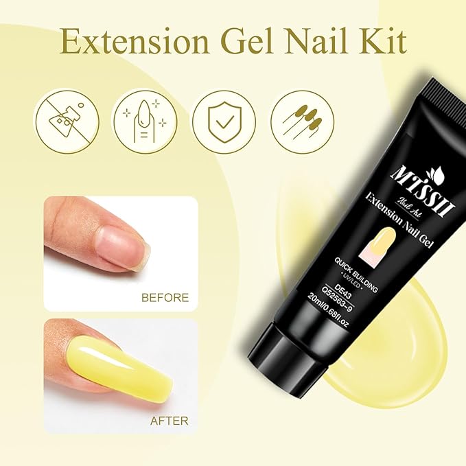 MTSSII 13Pcs Poly Gel Nail Kit Light Yellow Green Sky Blue Pink Gel Extension Nail Starter Kit with Slip Solution, Mini Nail Lamp, Nail File, Dual-Ended Brush for Women Girls at Home DIY 6 Colors