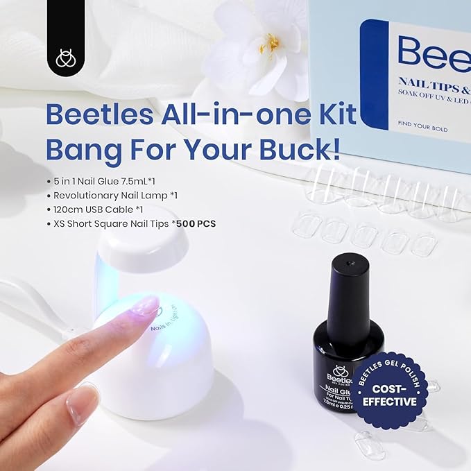 Beetles Gel Nail Tips Kit Square 500Pcs Pre-shaped Extra Short Square Nail Tips with 5 in 1 Mutipurpose Glue Gel Base Uv Led Nail Lamp