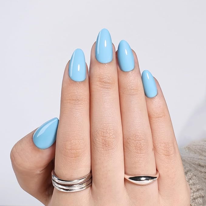 Blue Press On Nails Almond - Blue Almond Fake Nails, Short Press On Nails Reusable Stick On Nails in 16 Sizes, 32pcs False Nail Kit for Women & Girls(SoftBlue)