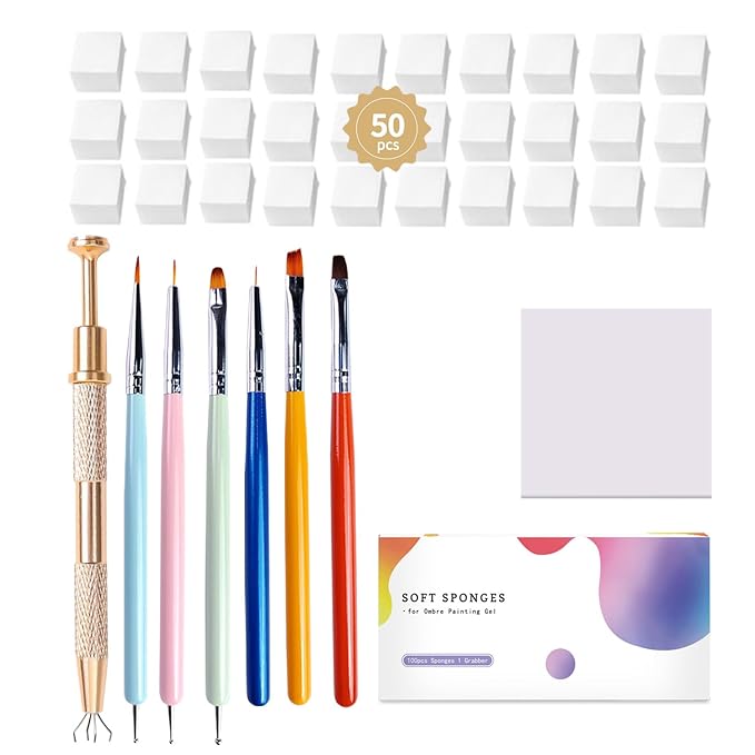Nail Tools Set for Ombre Gradient Nail Gel Painting Glue Kit 50Pcs Sponges with Grabber Pen and Nail Art Brushes for Multifunctional Nail Design Art