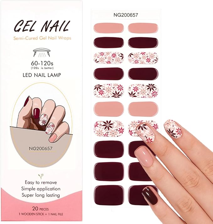 Semi Cured Gel Nail Strips - 20Pcs Brown UV Gel Nail Wraps with Fall Leaves Design, Long Lasting Salon-Quality Stickers, Includes Nails File & Wooden Stick - UV/LED Lamp Required