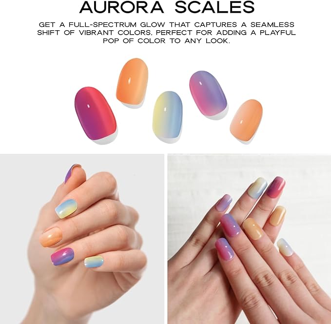 Semi Cured Gel Nail Strips with 20 Pieces - UV Gel Stickers, Manicure Kit, Easy Application Wraps Includes Prep Pads, Nail File, Wooden Stick - UV Light Required (Aurora Scales)