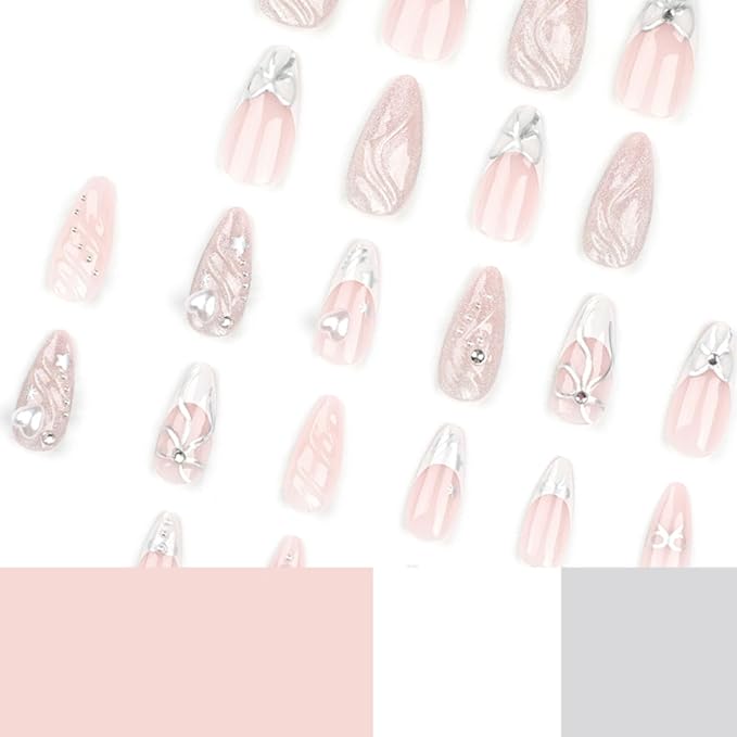 Hkanlre Cute Press on Nails Silver Fake Medium Nails Tips Full Cover Almond French False Nails for Women and Girls 24PCS