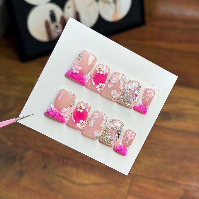 10 Pcs Handmade Press on Nails Medium Duck Fake Nails with Glue,Butterfly Rhinestone Rose Pink False Nails with 3D Flower Designs Thick Acrylic Reusable Stick on Nails for Women Girls（Size M）