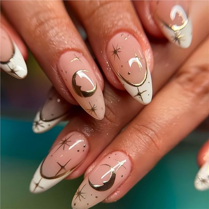 Medium Press on Nails Almond Fake Nails French False Nails Artificial Nails Stick on Nails for Women 24pcs