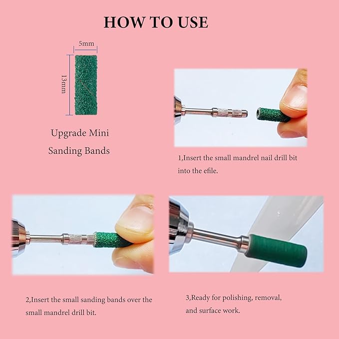 100pcs Small Nail Sanding Bands, 3.1mm Mini Nail Sanding Mandrel Bits 120 Grit Medium Nail Drill Bits for Nail File Acrylic Nails Gel Manicure Pedicure Nail Prep Salon Supplies,Green