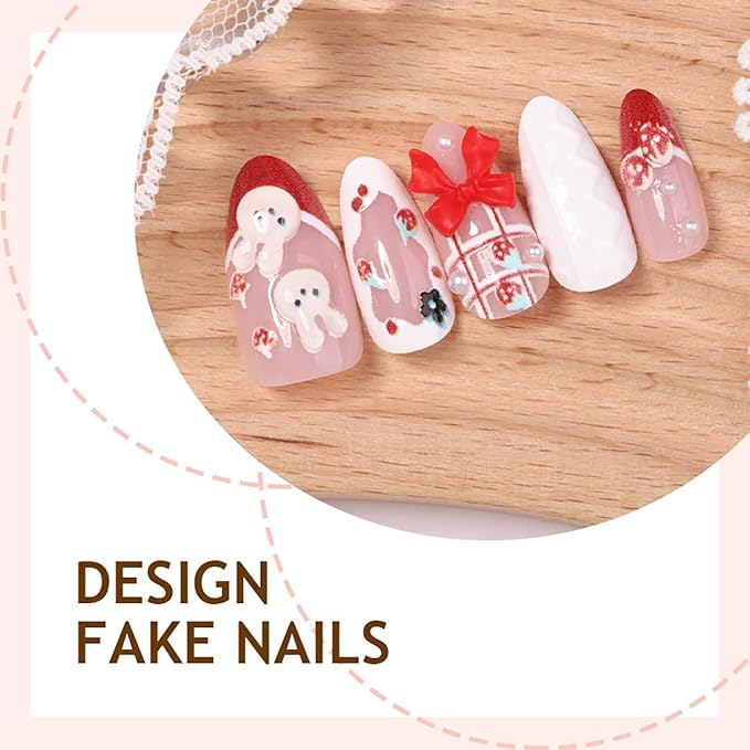Cute Press on Nails Medium French Tip Fake Nails with 3D Bow Acrylic Nails Bunny Glue on Nails Strawberry Flower Design Almond False Nails Full Cover Pink Artificial Nail Handmade Stick on Nails 30Pcs