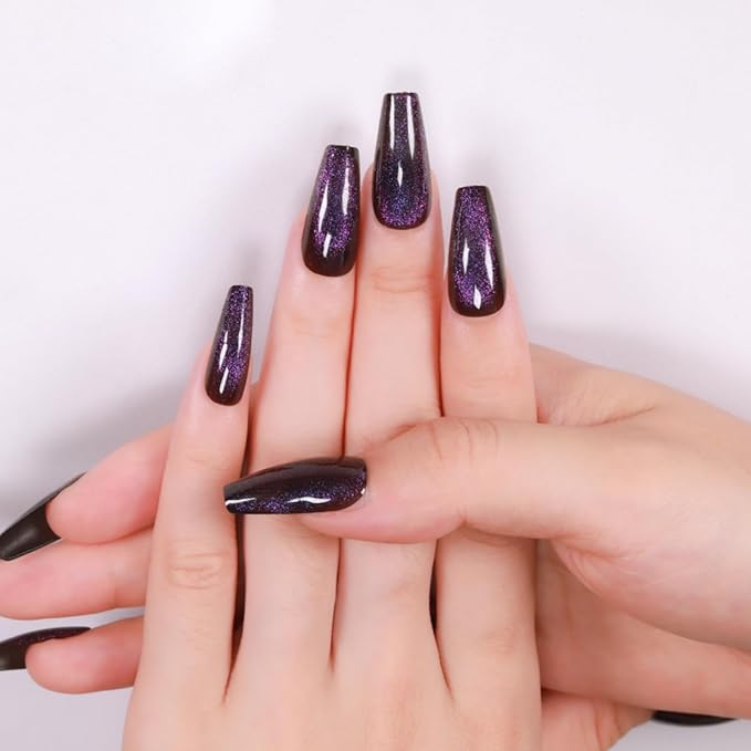 Press On Nails - Midnight Purple | Dark Purple Glitter Velvet Nails, Medium Coffin Squared Press On Nails with Cat Eye Design for Women and Girls, 24 Pcs Reusable Fake Nails