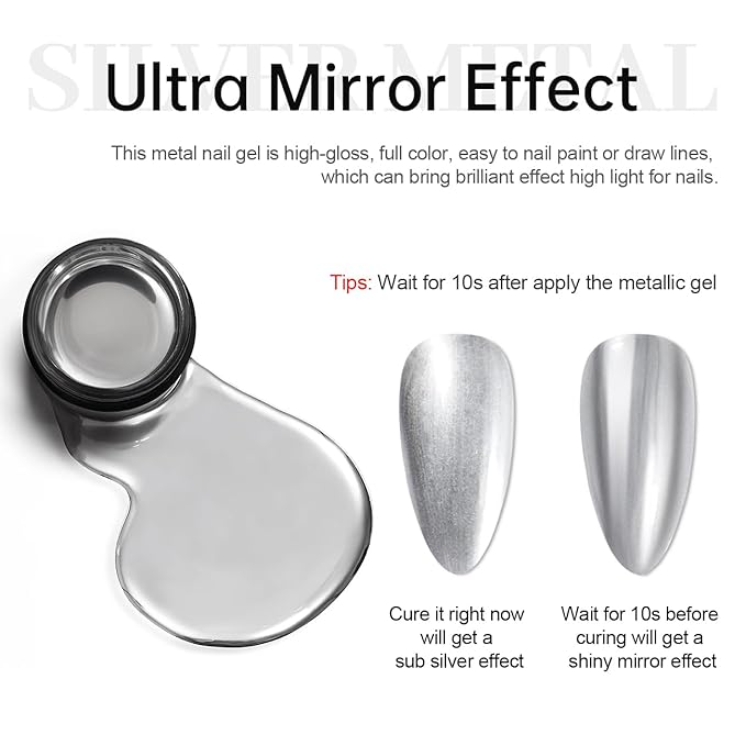 RARJSM Metallic Painting Gel Nail Polish Silver Chrome 3D Metal Painted Drawing Gel Polish 8ml Liquid Mirror Effect Glossy Shine Soak Off Curing Need Home Salon DIY Nail Art Liner Design Manicure