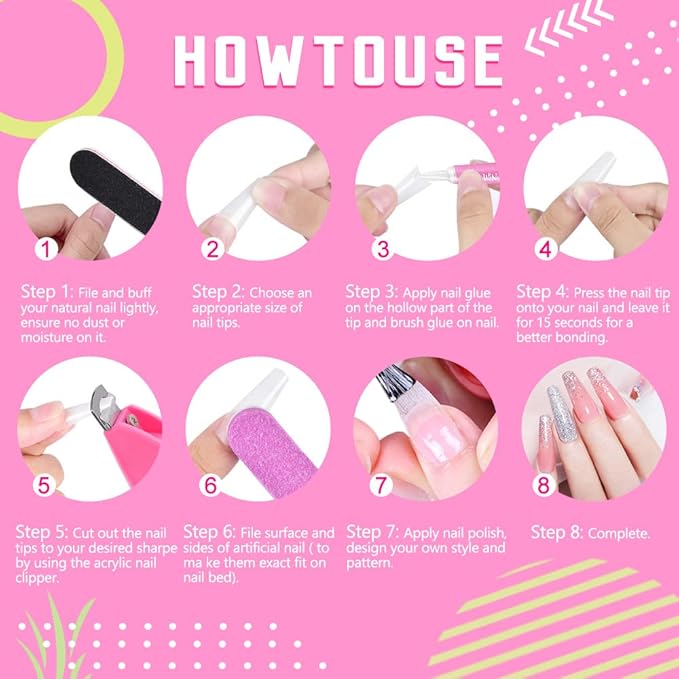 MORGLES Natural Coffin Nail Tips, Natural Coffin Nail Tips Half Cover with Glue, Clipper, Files, Cuticle Pusher and Fork for Salons and Home DIY with Box