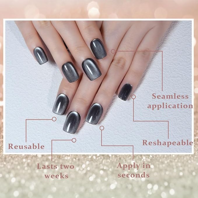 evpct Black Silver Cat Eye Press on Nails Short Square, Short Square Stick on Nails for Women Gift, Silver Grey Gray Metallic Glitter Shimmer Reusable Gel Press on Acrylic Fake Nail with Design