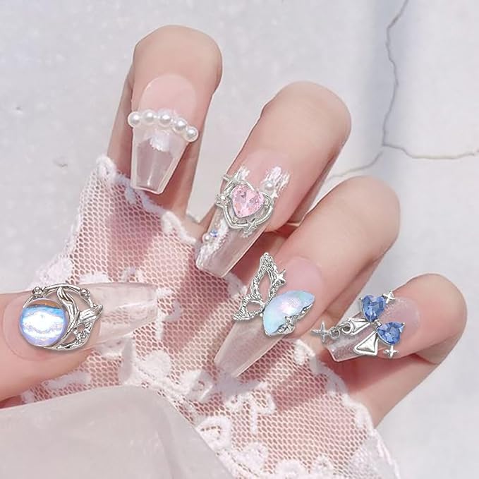 16 Styles Luxury Moon Star Nail Charms for Acrylic Nails Alloy Rhinestone Star Moon Nail Art Charms 3D Bow Butterfly Silver Nail Charms Y2k Nail Accessories Metal Nail Jewels for Nail Art Supplies