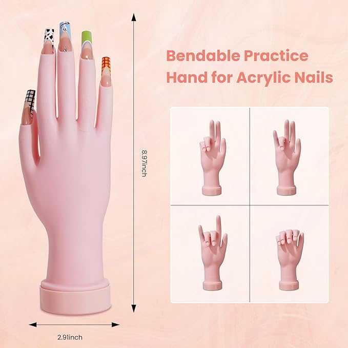 Nail Kit for Beginners with Everything: Practice Nail Hand Acrylic Set Professional Powder Liquid Starter Kits with Drill U/V Lamp in Cosmetic Gift Bag for Salon Home (Sparkling Pink)