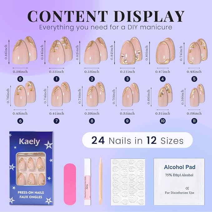evpct 3D Gold Line French Tip Press on Nails Short Almond, Glitter Light Nude Stick on Nail with 3D Pearl Diamond Designs, Handmade Press on Nails for Women Gift with Kit, Gel Acrylic Fake Nail