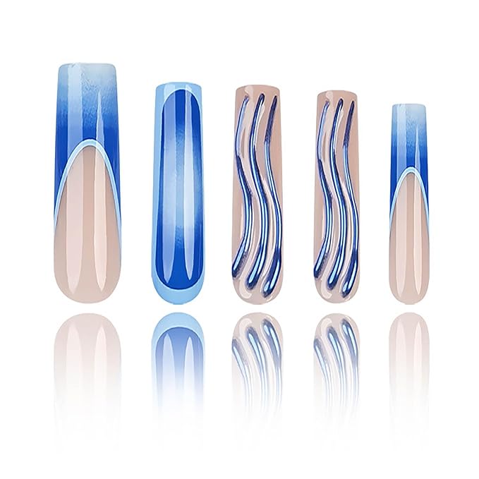 Square Press on Nails Long Blue Ombre Fake Nails with Design French Tips Nail Glue on Nail Glossy Acrylic Nails Press ons Cute False Nails for Women Manicure 24pcs