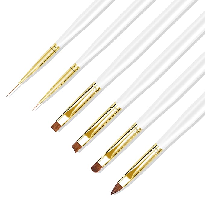 Nail Art Brushes, 6Pcs Nail Art Painting Tools with Nail Art Fine Liner Brush, Nail Design Painting Brushes Set, Builder Gel Brush, Nail Dotting Pen for Gel Polish Manicure Salon DIY, White