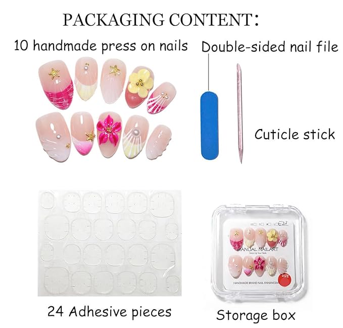 10 Short Handmade Press On Nails | with 3D Floral and French design False Nails | Skip Salon Trips, Easy to Apply & Remove, Reusable (251206, XS)